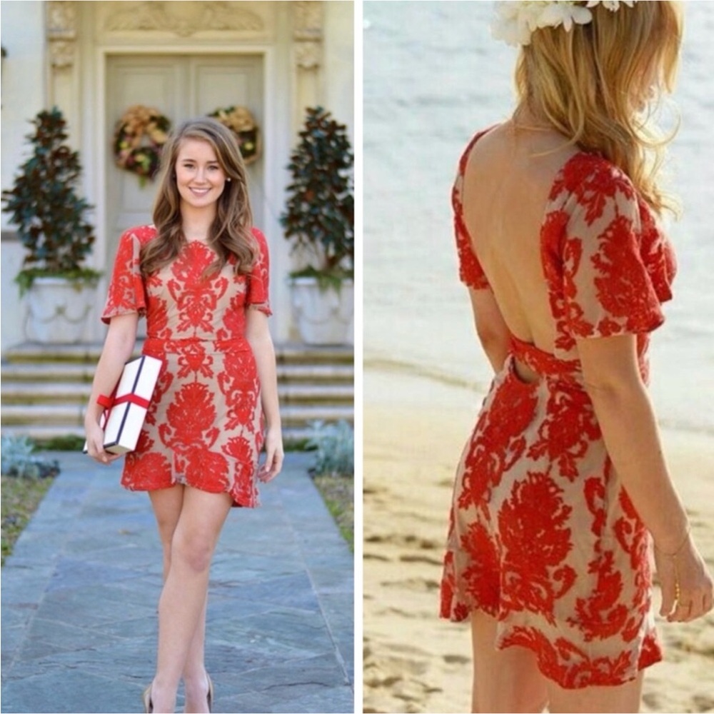 For Love & Lemons San Marcos Red embroidery lace Open-Back Mini Dress
